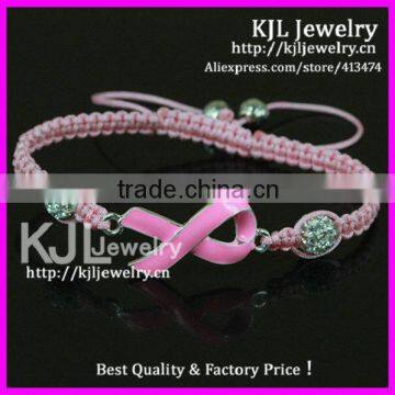 GZKJL-BL0433 Enamel Pink Ribbon Triple bracelet, white shamballa bead breast Cancer Awareness cheap bracelet