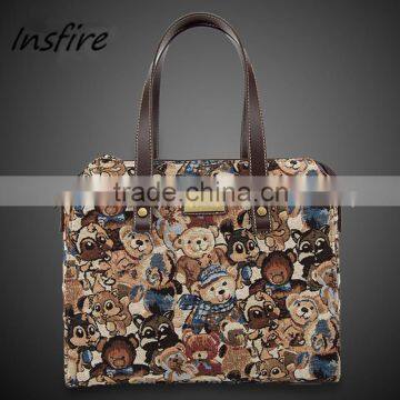 Genuine leather trim canvas newest pictures lady fashion woman handbag tote bag