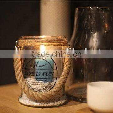 high quality decorative large glass candle jar wholesale round glass lartern with rope handle