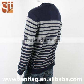 Mens V Neck Long Sleeve Pullover Stripes 100%cotton Fashion Knitted Sweater Made in China