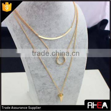 2016 Fashion 18k Gold Multi Chain Necklace ,Alloy Rivet Pendant 3 Layered Necklace Jewelry