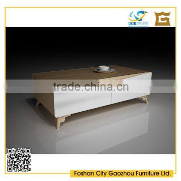 2016 liansheng nordic design solid wood white high gloss coffee table with two darwers