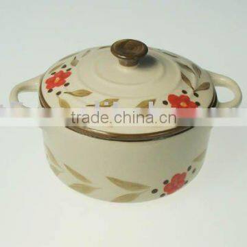 Stoneware casserole with hand painted flower design