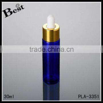 wholesale promotion cosmetic blue pet golden aluminum perfume essential oil beard oil 30ml plastic dropper bottle
