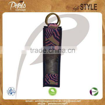 PP laminated jute one bottle wine bag with cane handle & with front window