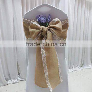 100% Natural Burlap Hessian Chair Sash With Lace Band at 2 Side for Rustic Wedding photo-2