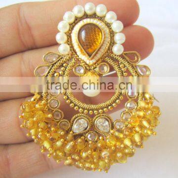 Golden Yellow Beads Polki Gold Tone Dangler EARRING Pair photo-2