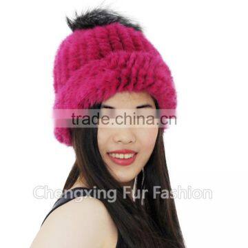 CX-C-239N Women Knitted Real Mink Fur Hats With Fox Fur Pom Pom photo-3
