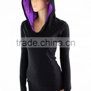 Black Soft Knit Long Sleeve Hoodie with Grape Purple Holographic Hood Slim Fit Breathable Poly Spandex Pullover Hoodie for Women