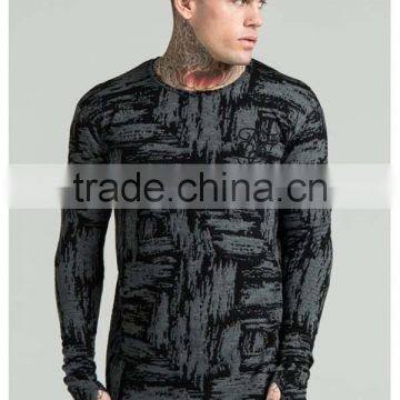 Stylish Streetwear Mens Long Sleeve Longline Curved Hem T Shirt with Thumbholes Sublimation Printed T Shirt Round Bottom Tee