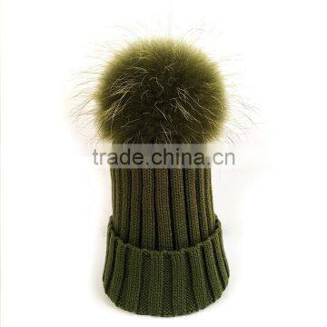 Myfur Classical Raccoon Fur Attached Pom Pom Beanie Adult Khaki Green Winter Cap