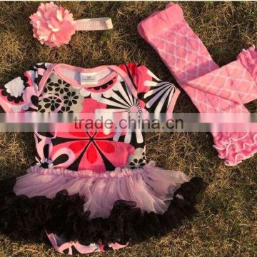 2015 new pink flower baby romper tutu romper dress with matching headband and leg warmer