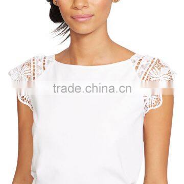 Stylish Lace Sleeves Cotton Top for Ladies Ballet Neckline White OEM T Shirt Women photo-2