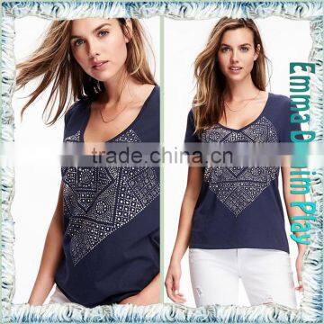 2016 New Designs Wide Open Neck Blue Printing Cotton T Shirts for Sexy Womens photo-4