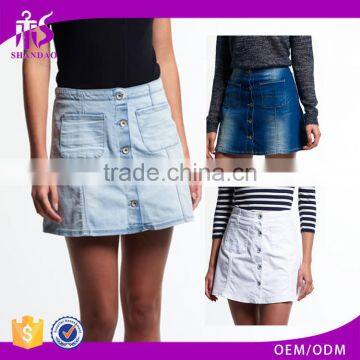 2016 Guangzhou Shandao New Fashion Design Summer Casual Women Sexy Short Blue A Line With Pocket Wholesale Denim Skirts