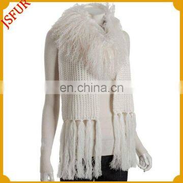 White and black long knitted mongolian fur scarf