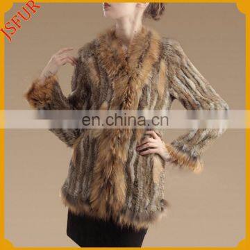 Natural color women rabbit fur knitted coat with real raccoon fur trim wholesale