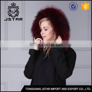 Real raccoon fur hooded parka with detachable lining and black shell