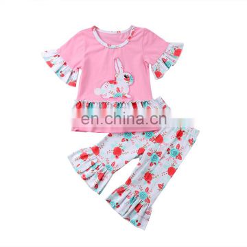 Pretty Kids Baby Girl Bunny T-shirt Flare Floral Pants Summer Clothes Set Easter Outfit Suit