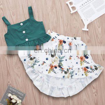 2019 New Summer Girls Green Buttons Tops & Floral Full Print Dress Skirt 2pc Set photo-2