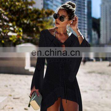 Women Summer Knitted Beach Dress Hollow Out Flare Sleeve Crochet Asymmetric Drawstring Waist Robe Femme 10colors