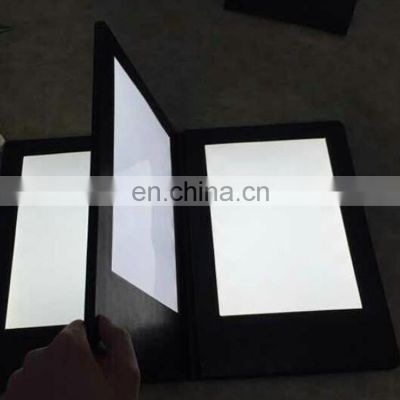 3 pages lighting foldable portable battery operated acrylic material led restaurant menu