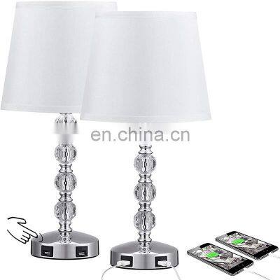 Modern crystal touch control dimming table lamp with double USB rechargeable night table desk lamp bedroom bedside table lamp