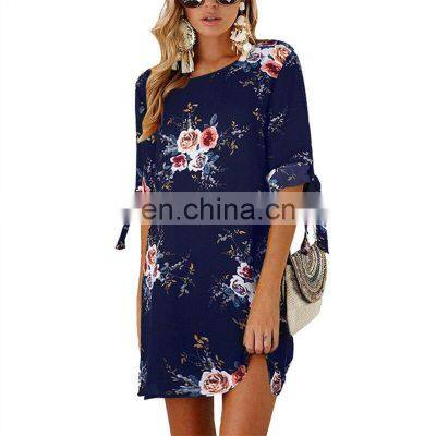 Manufacturers wholesale custom women's chiffon printed round neck three-quarter sleeve dress casual fashion short skirt plus