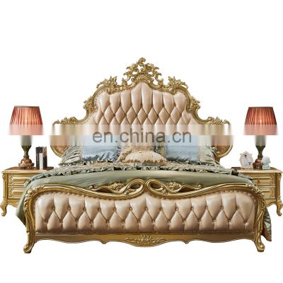 Royal Gold Carved King Size Bed European Classic Genuine leather bed