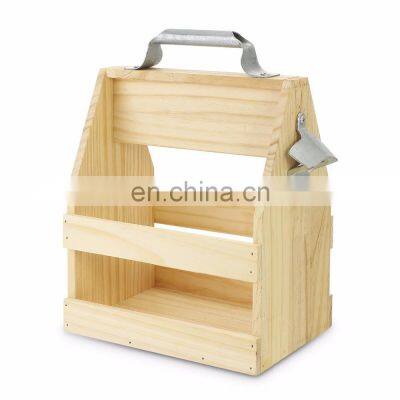 Brown Color Wooden Caddy Tote For Six Pack Beer Sodas With Bottle Opener photo-5