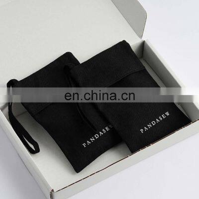 PandaSew Custom Logo 13x8cm High Quality Black Herringbone Cotton Packaging Bag Gift Jewelry Pouch