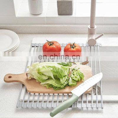 Roll up dish drying rack adjustable Over The Sink  storage shelf Wholesale Silicone plastic dish drying mat rack drainer