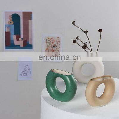 Modern Decorative Handmade Art Porcelain Matte White Half Round Shape Ceramic Pot Irregular Flower Vase Nordic INS Style