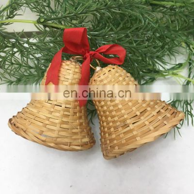 Mini Decor Two Wicker Bell Ornaments with Jingle Bells Clappers and Red Ribbon Bow Tie