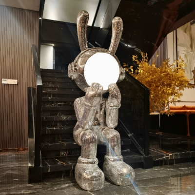 Rose Gold Rabbit Sculpture With LED Lighting on the Face, 24k Gold Reflective Art