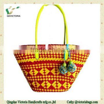 Paper straw woven bag with pu handle