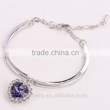 Fashion Ocean Blue Sliver Plated Crystal Rhinestone Heart Charm Bracelet Bangle photo-3