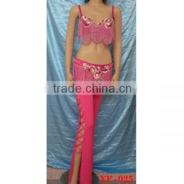 fushia rhinestone sequin bead bra and belt set(XF-025)