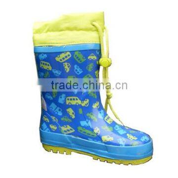 customized car print kids rain boots with collar,animate antiskid rubber boots children,cold resistent garden boots