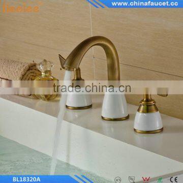 Antique Brass Finish Two Handles Three Holes Bathroom Waterfall Basin Mixer Vessel Faucet Tap Contemporary Waterfall Brass