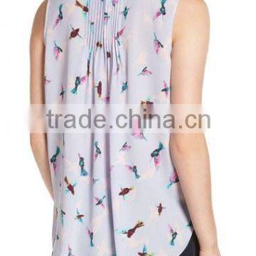 Women Print Pleat Back Split Neck Sexy Sleeveless Blouse Patterns photo-5