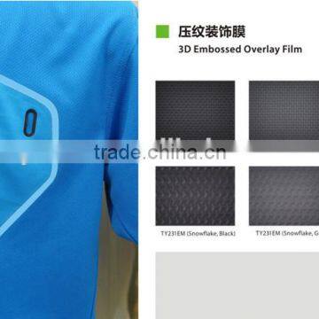 Embossed devorative overlay film for fabric bonding and seamless pocket logo pressing