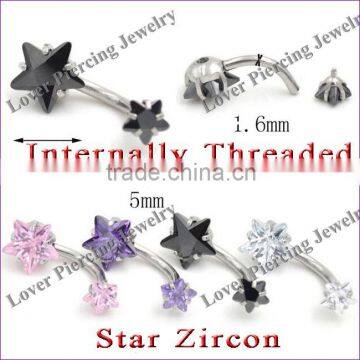 High Polish With Double Star Zircon Top Design Stainless Steel Navel Belly Ring [SS-E866]