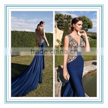 Royal blue V-neckline Embroided Mermaid Long train evening dress evening gown vestido de noche (YASA-810)