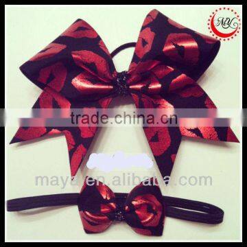 red foil lips print over black cheer bow and headband hair accessory set