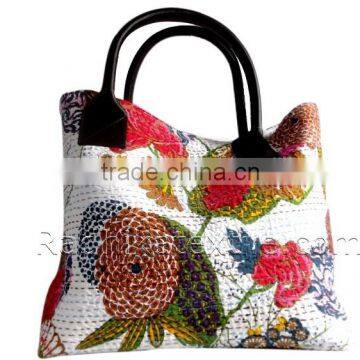 RTHHB-36 Floral and Fruit Printed 100% Cotton And Leather Canvas Ladies Kantha Shopping Tote Handbags