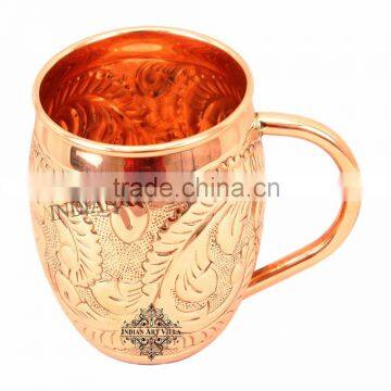 IndianArtVilla Pure Copper Flower Design Round Moscow Mule Mug Cup 450 ML - Serving Beer Wine Cocktail Bar Hotel Restaurant Drin