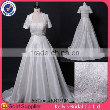 2015 hot sales lace applique satin straight neckline satin muslim wedding gown pictures