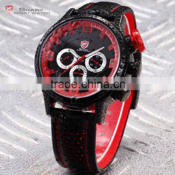 SHARK Date Day Display Stainless Steel Case Genuine Leather Strap Black Red Quartz Men's Sports Watch