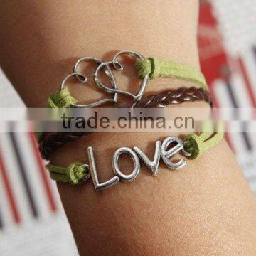 heart to heart bracelet, love with green flocking leather,brown baided Leather bracelet, friendship charm bracelet